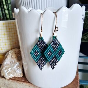 BOGO EARRINGS Green Beaded Diamond Bead Earrings, 2.5"